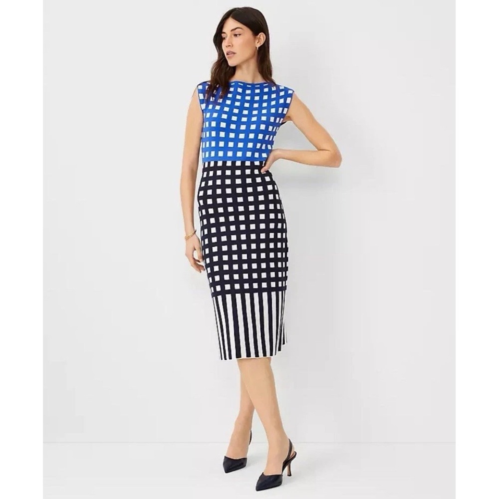 Ann Taylor Geometric‎ Knit Sheath Midi Dress Sleeveless Blue Black Womens M NEW